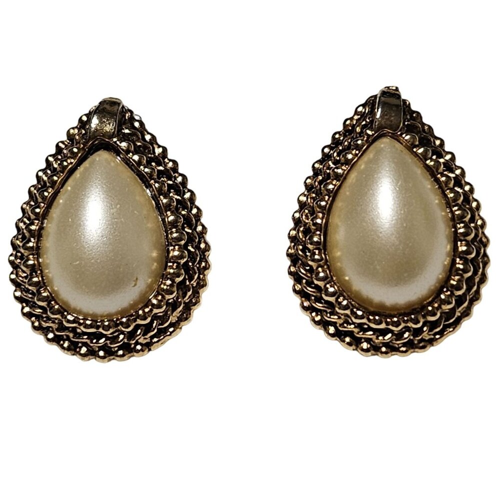 Elegant Vintage Gold Tone Faux Pearl Teardrop Earrings Retro 50s 60s Fashion